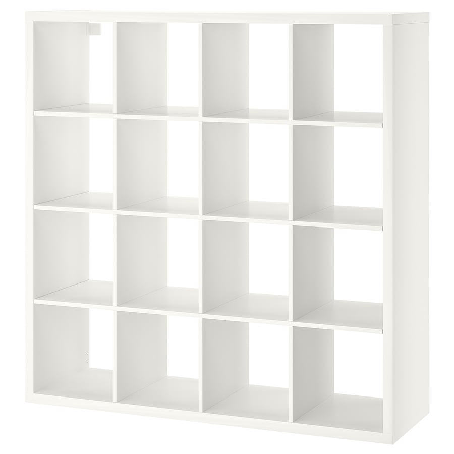 Rak IKEA KALLAX putih, 147x147 cm, dalam susunan empat kali empat petak