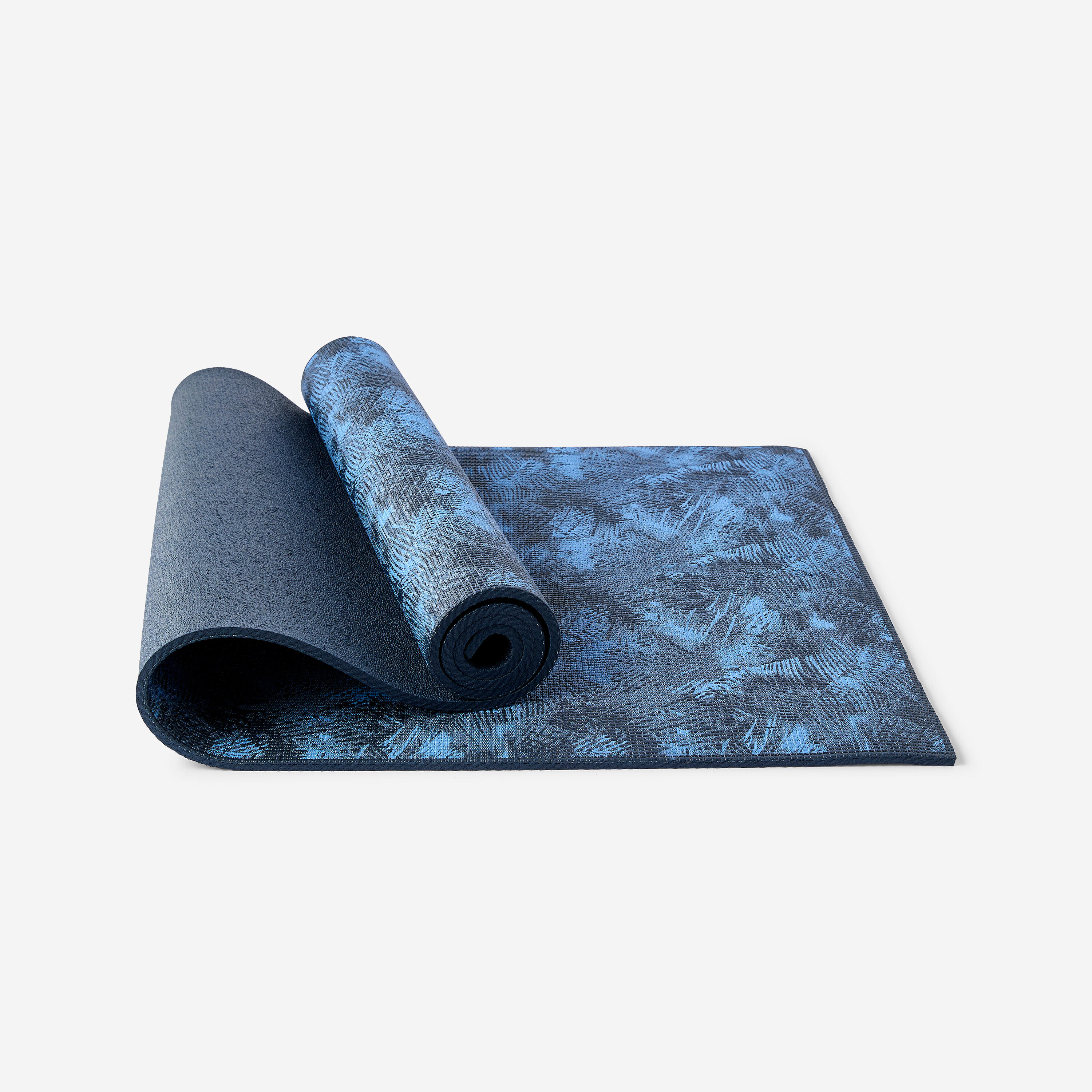 KIMJALY 8mm Gentle Yoga Mat biru gelap, digulung dan dibentang, model katalog Decathlon Malaysia yang tepat