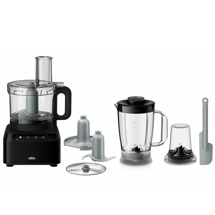 Braun FP3132BK PureEase Black processor and plastic blender attachment package