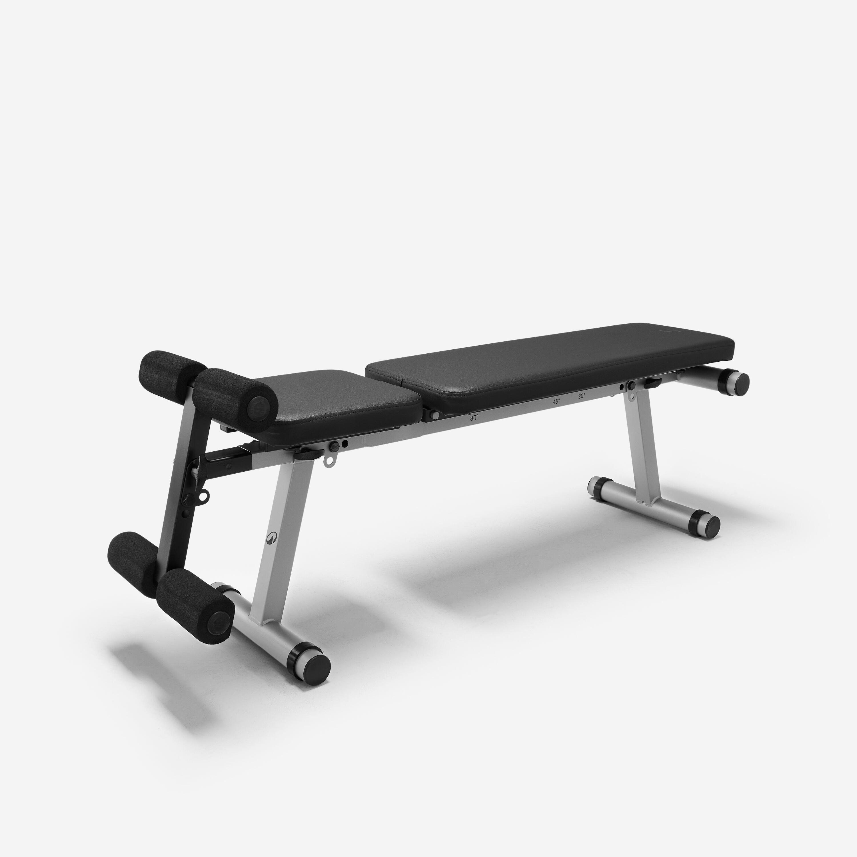 DOMYOS Bench 500 Black model8948872 with adjustable padded backrest, silver frame and removable foot rollers