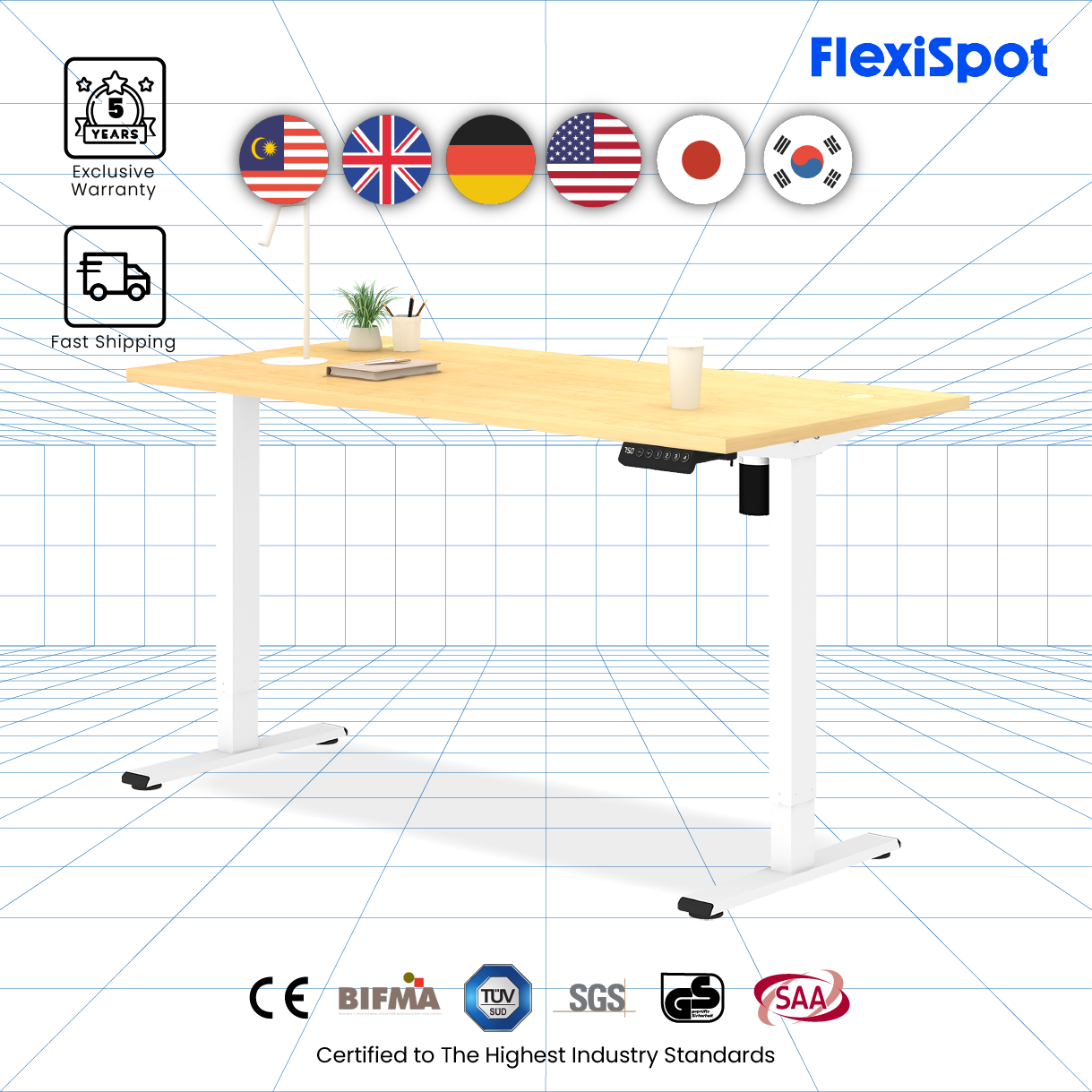 FlexiSpot EF1 permukaan Maple dengan rangka putih