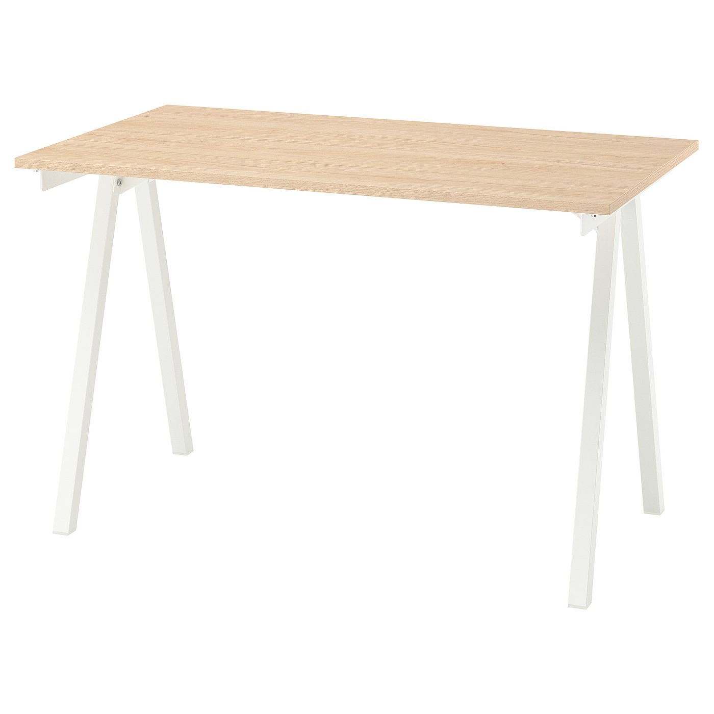 IKEA TROTTEN fixed-height desk with ash-effect top and white A-shaped legs, 120x70 cm