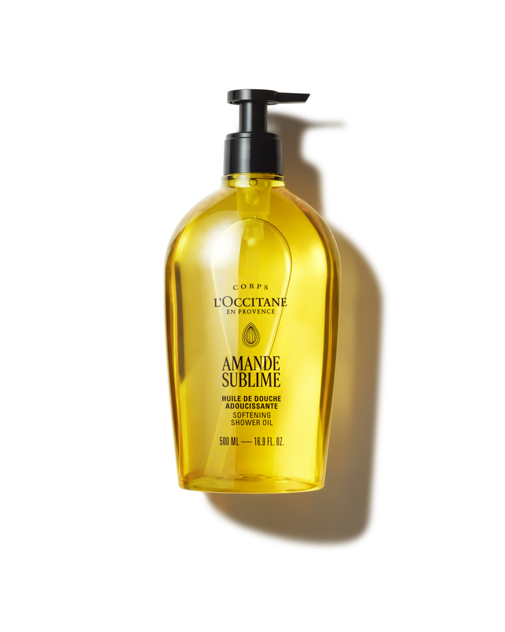 L'Occitane Almond Softening Shower Oil 500ml 29HD500A26 黄色透明瓶、黑色泵头与AMANDE SUBLIME标签