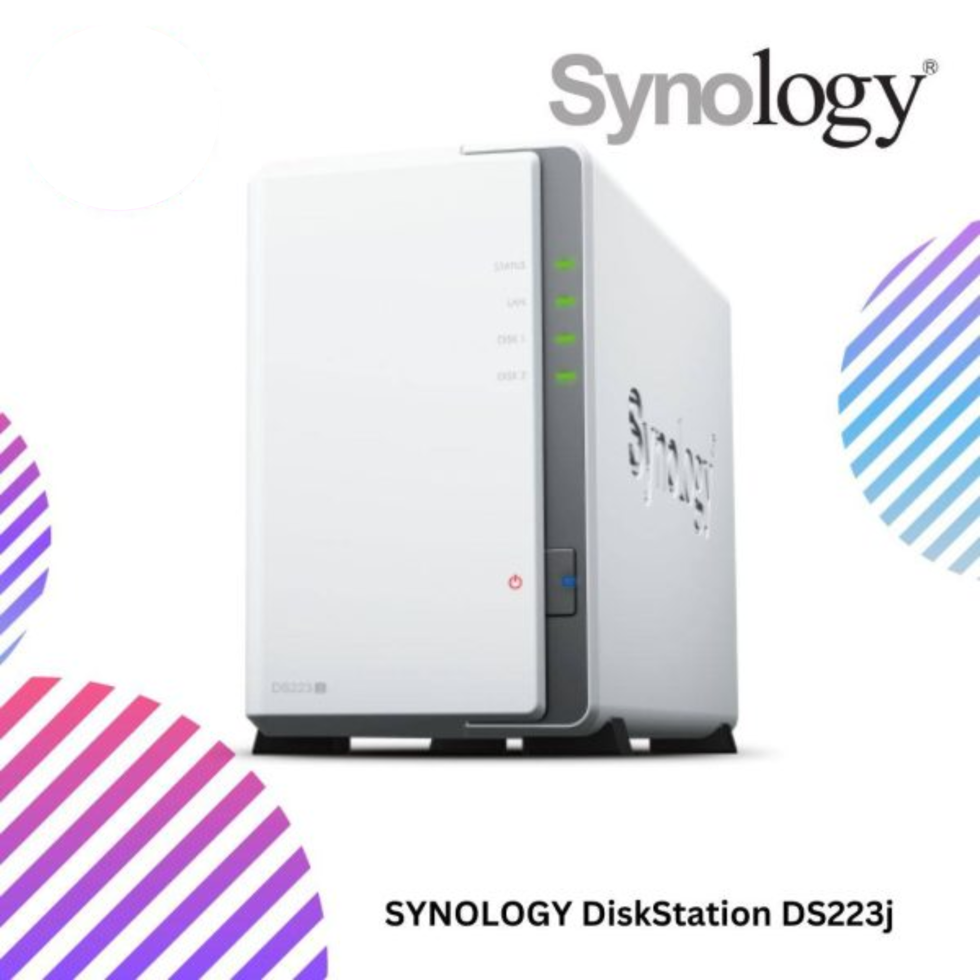 GS Premium Stores 产品宣传图中的白色 Synology DiskStation DS223j 双盘位机身